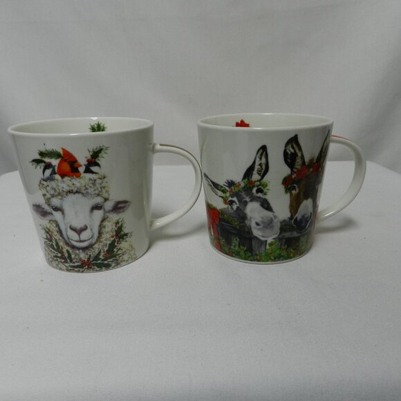 Two Can Art PPD Christmas Donkey Sheep Mug Cup Bone China micro dish 14 oz Set 2 - Picture 1 of 11